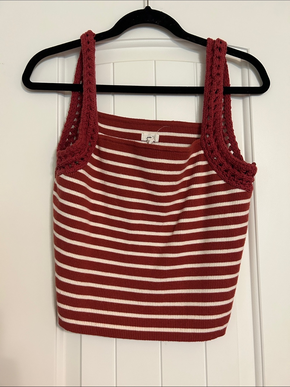 aerie Red & White Striped Knit Tank with Crochet Straps